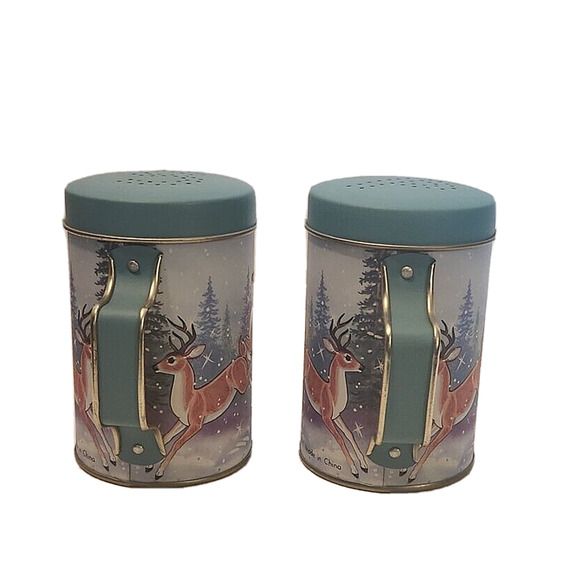 JSNY Prancing Deer Snow Christmas Teal Tin Salt and Pepper Shakers NEW - Picture 5 of 6
